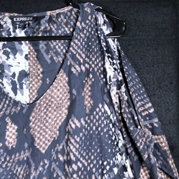Express Womens Blouse Brown Black Snake Print V Neck Cold Shoulder Medium - Picture 6 of 13